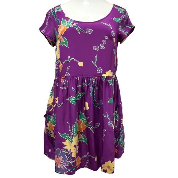 LUX Silk Baby Doll Mini Dress, Pockets, Purple Floral, M - Picture 1 of 8
